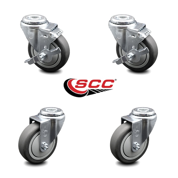 4 Inch Thermoplastic Rubber Wheel Swivel Bolt Hole Caster Set with 2 Brake SCC